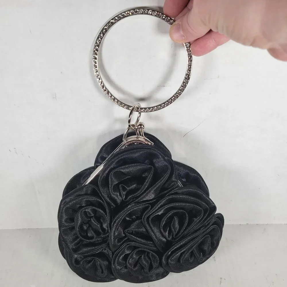 Black Satin Rose Classic Elegant Rhinestone Silver Handle Triangle Clutch Purse
